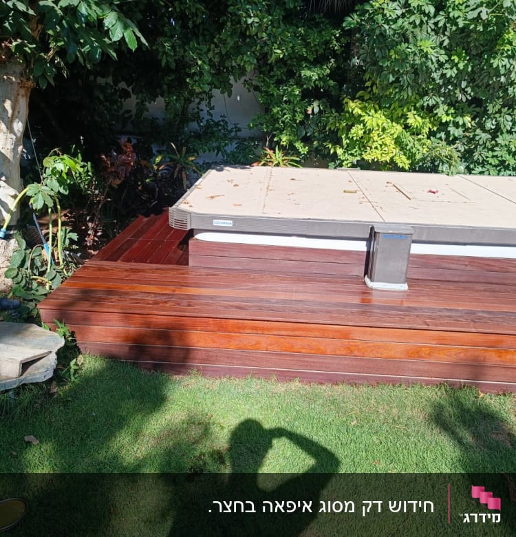 דק עץ ליד בריכה עם צמחייה מסביב